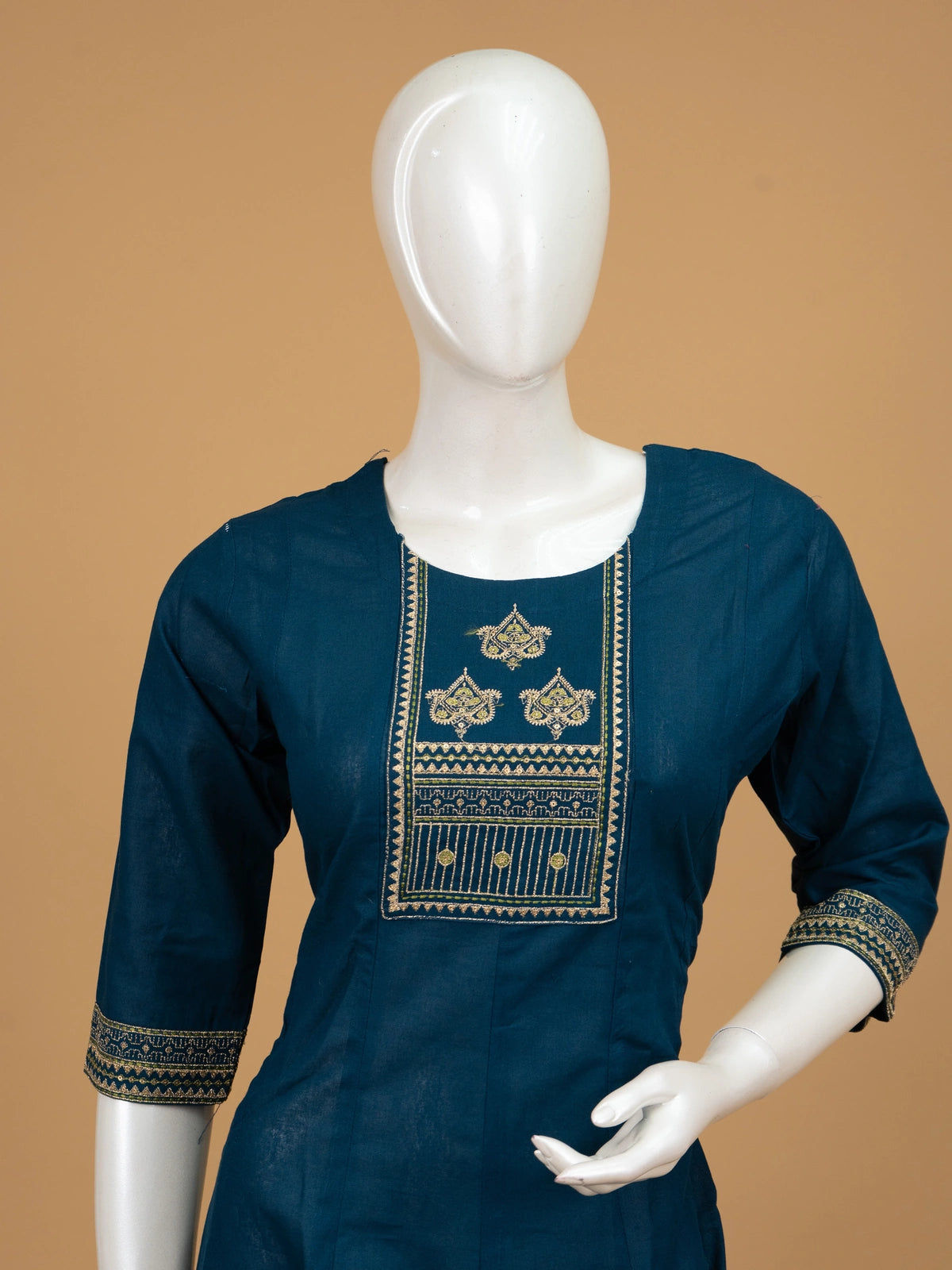 Teal Blue Cotton Embroidered Anarkali Kurti with gold and green zari yoke work