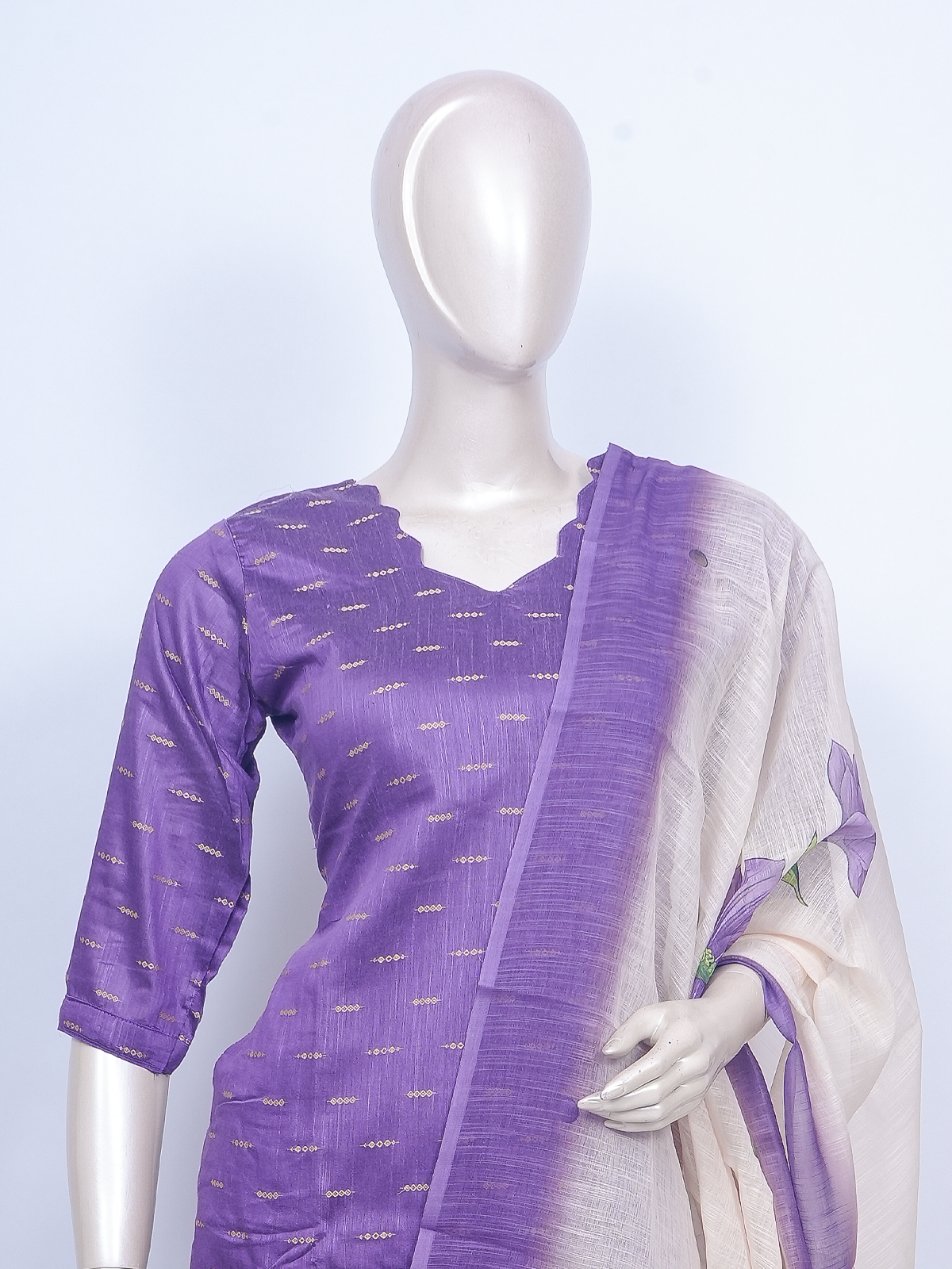 Purple zari buti kurti set with beige pants and floral hand-painted cream dupatta