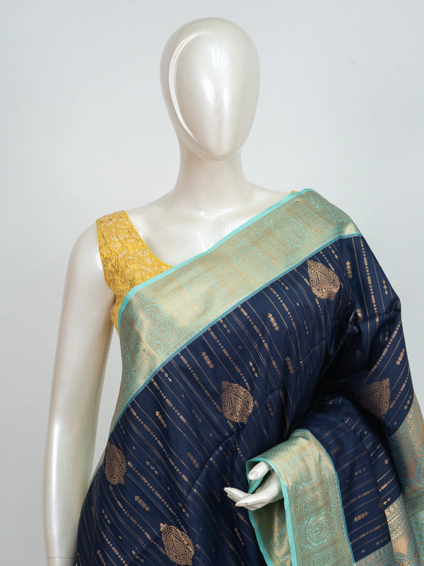 Navy blue Kanchipuram fancy silk saree with sea-green contrast zari border and gold zari motifs