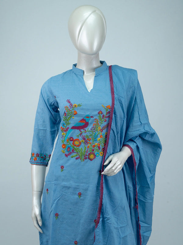 Sky Blue cotton straight cut kurti set with multicolour bird embroidery, matching pants and dupatta
