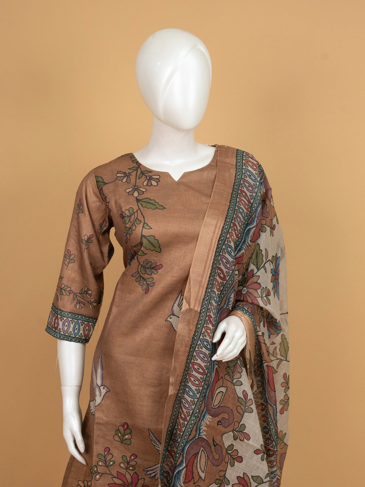 Brown Kalamkari bird print cotton straight cut kurti set with dupatta and pants