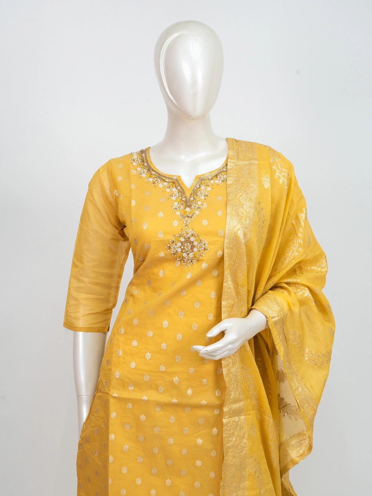 Yellow Chanderi silk zari embroidered straight cut kurti set with gold dupatta