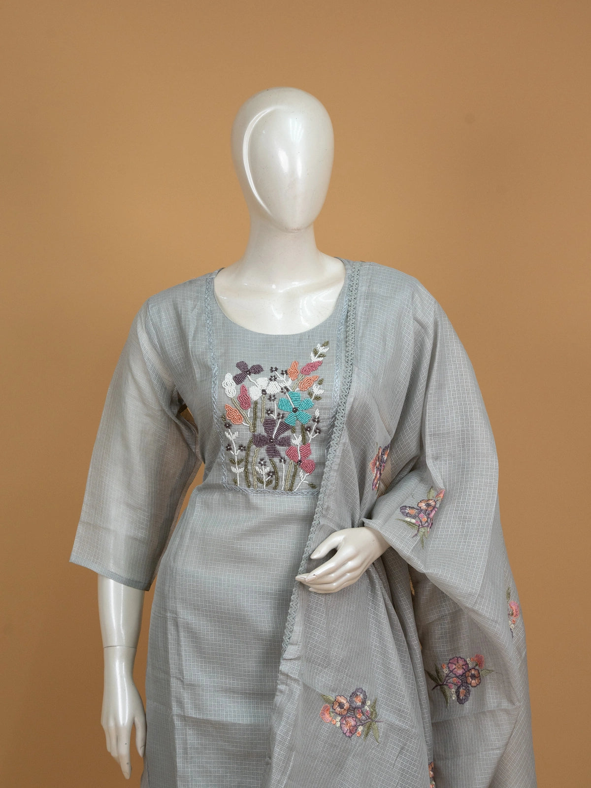 Grey floral beadwork Kota straight cut kurti set with pants and embroidered dupatta