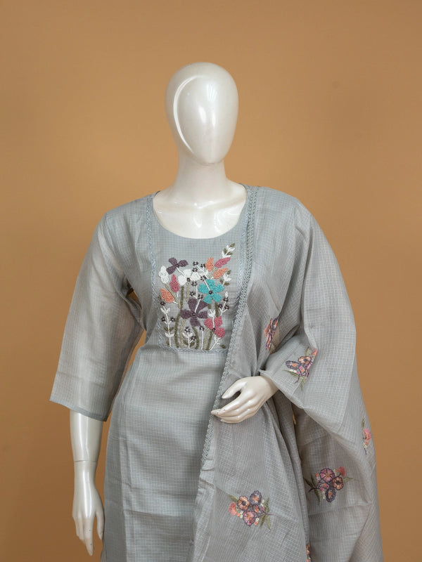 Grey floral beadwork Kota straight cut kurti set with pants and embroidered dupatta