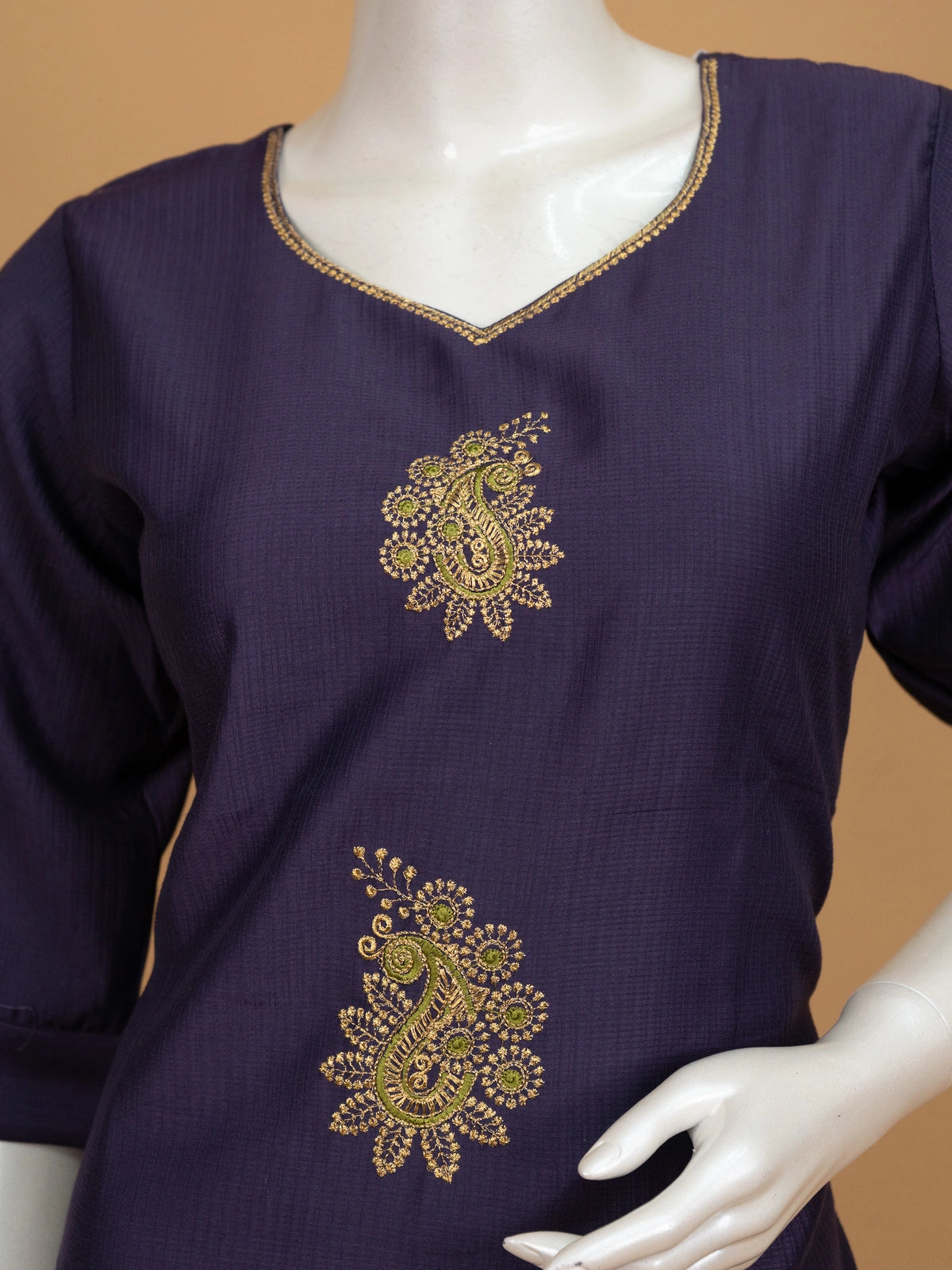 Purple paisley embroidered cotton straight cut kurti top with gold and green zari work