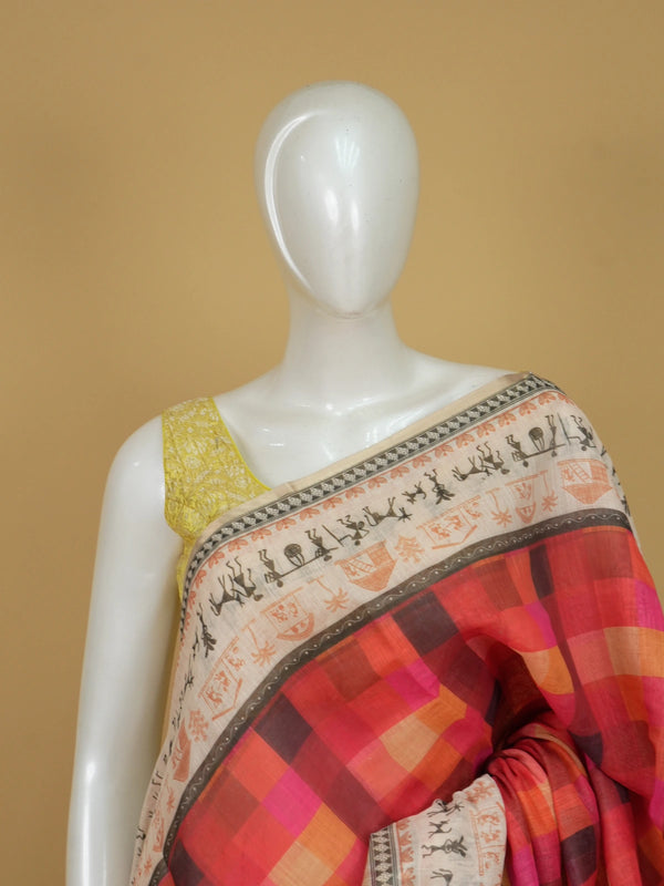 Red and cream multicolour checked linen cotton saree with Warli-print border and pallu