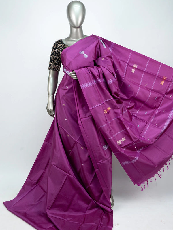 Magenta banana silk saree with peacock zari buttas and striped pallu