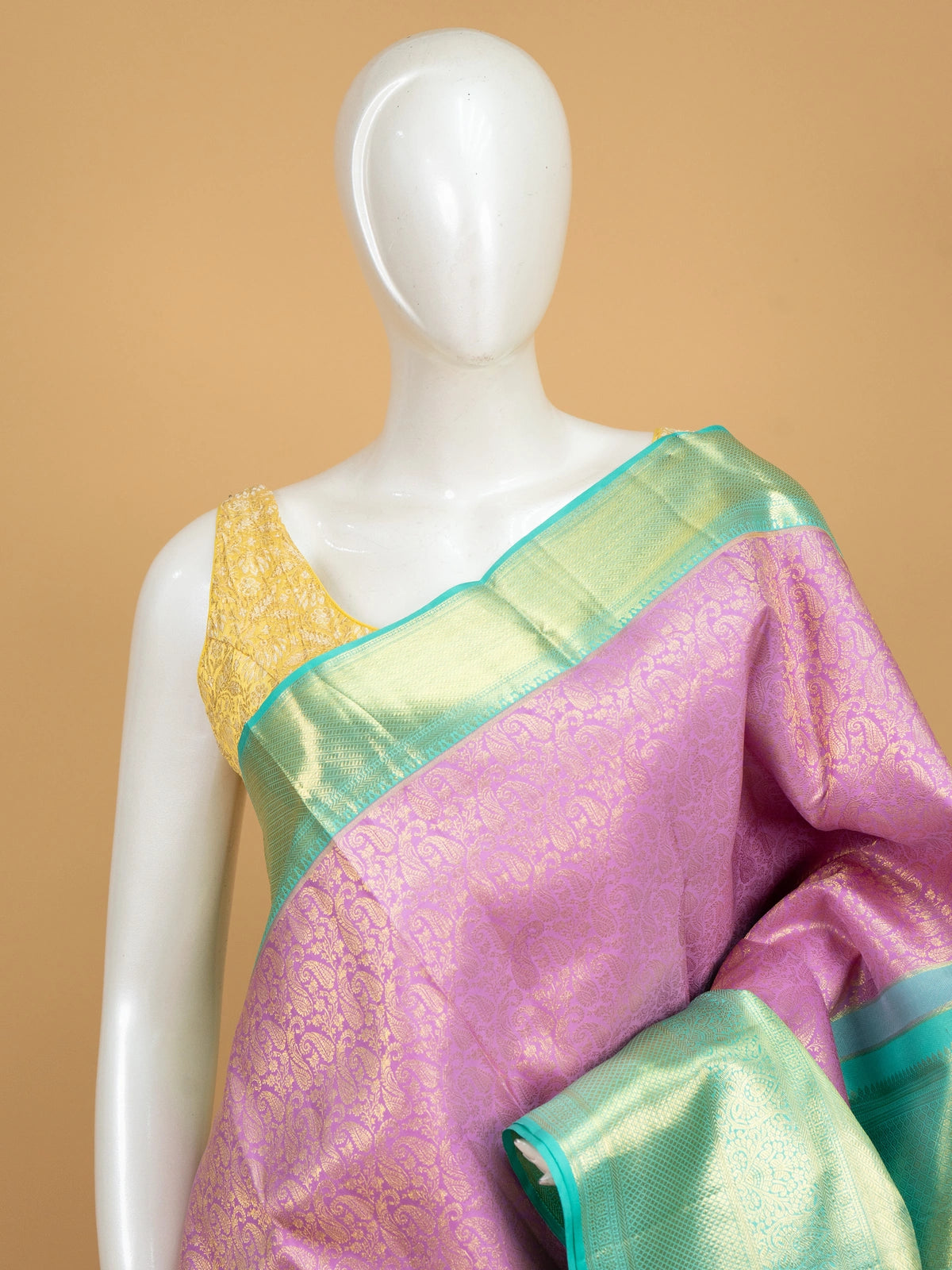 Pink and teal green pure Kanchipuram silk saree with allover gold zari brocade and contrast border