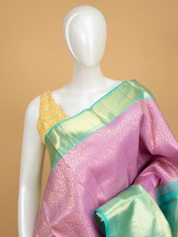 Pink and teal green pure Kanchipuram silk saree with allover gold zari brocade and contrast border