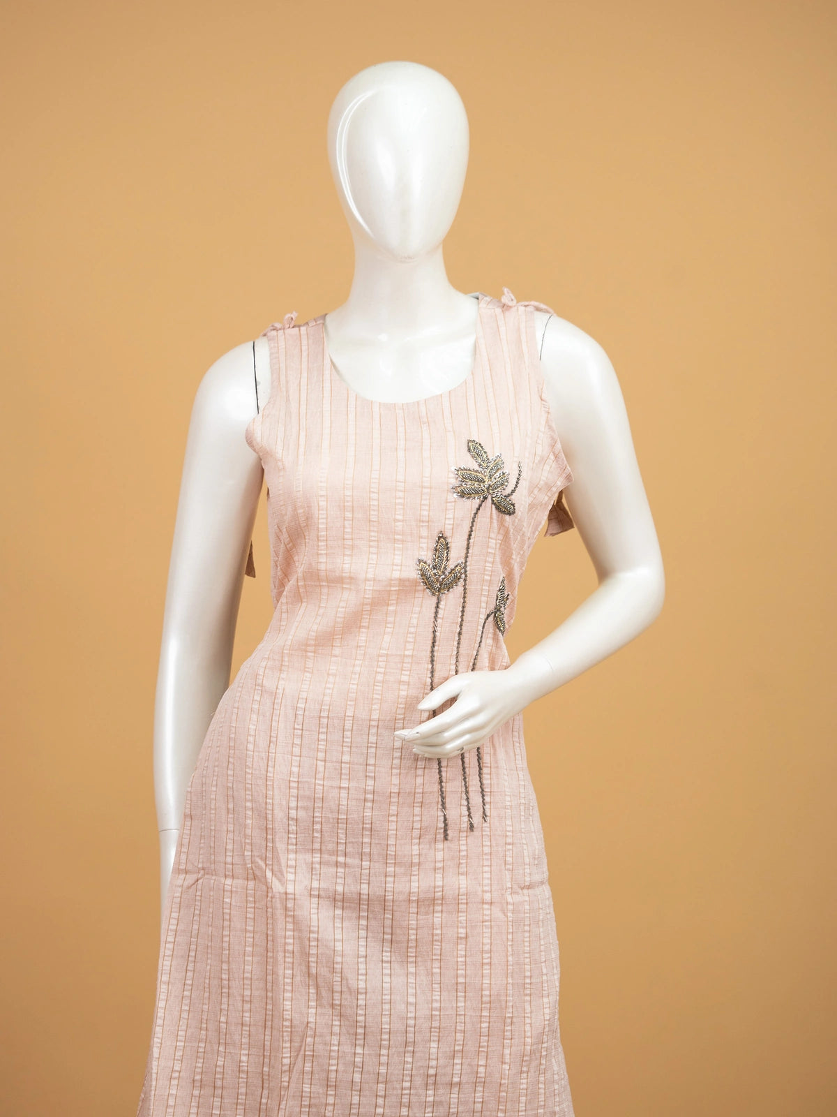 Peach striped cotton straight cut kurti set with floral bead embroidery, palazzo pants, and cream dupatta