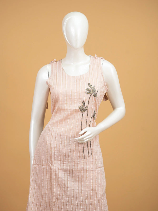 Peach striped cotton straight cut kurti set with floral bead embroidery, palazzo pants, and cream dupatta