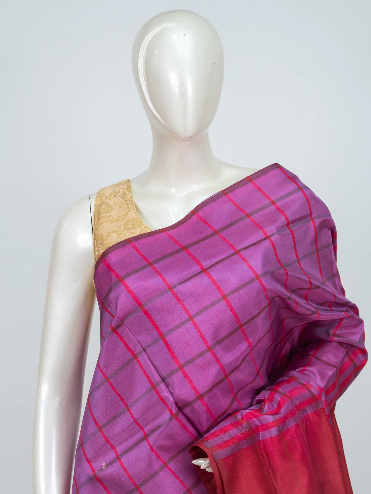 Magenta pink checked Banana silk saree with contrast red zari pallu and border