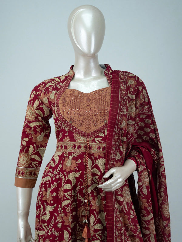 Maroon floral print cotton Anarkali kurti set with mirror work yoke, pants and dupatta