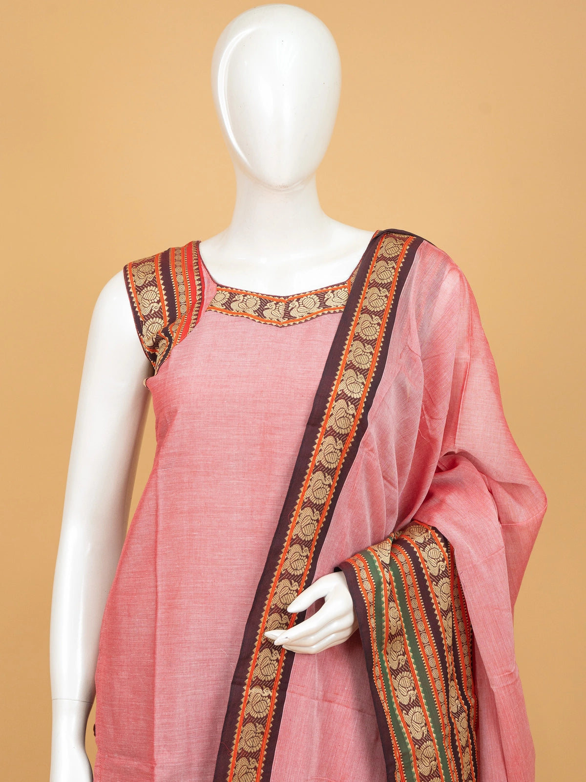 Rose pink handloom cotton straight cut kurti set with peacock woven border and matching dupatta