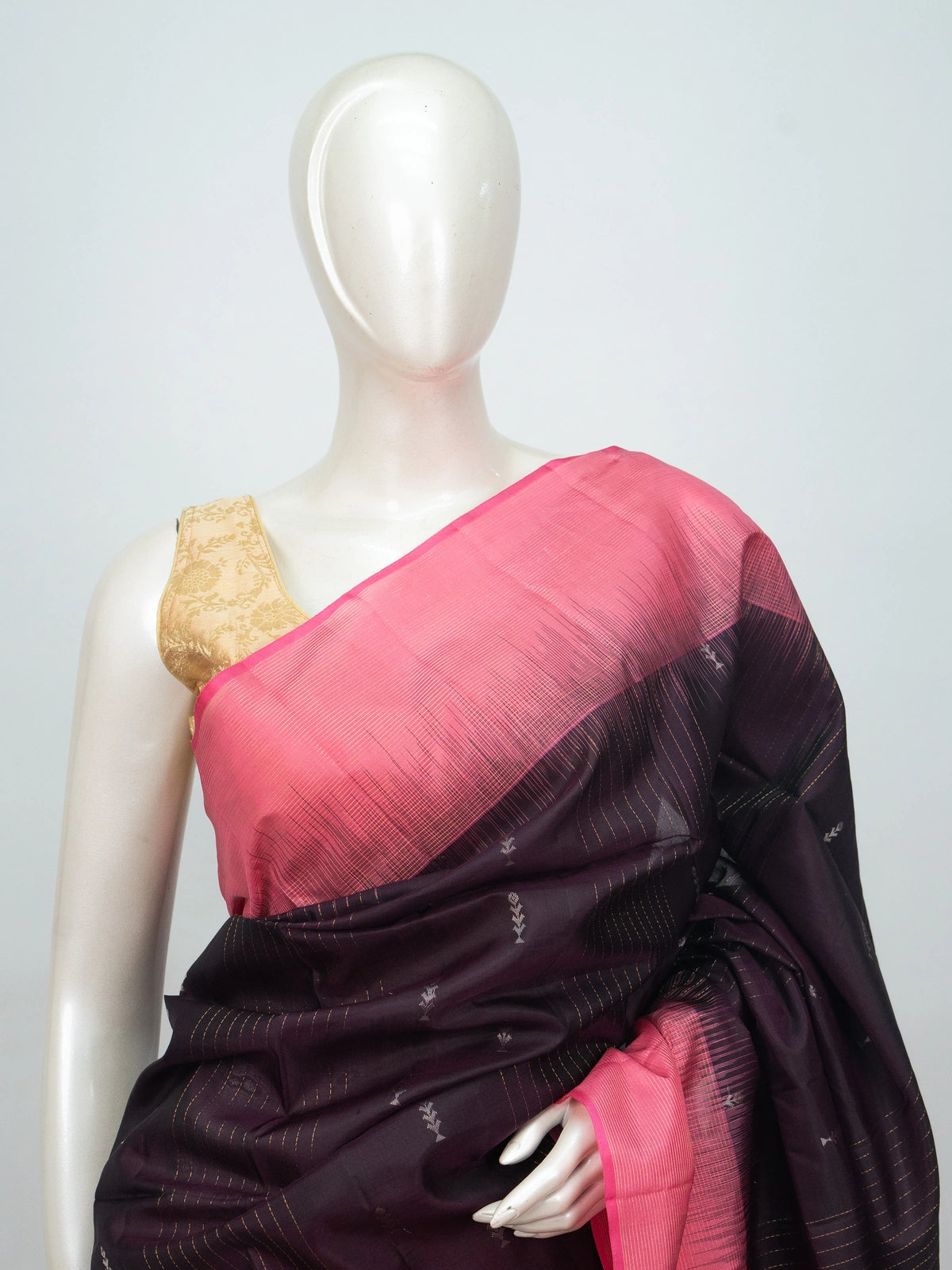 Deep wine soft silk saree with contrast pink zari border and tasselled pallu