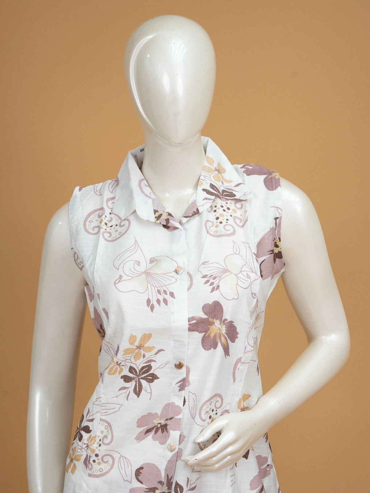 White floral printed cotton sleeveless collared co-ord set with matching straight pants