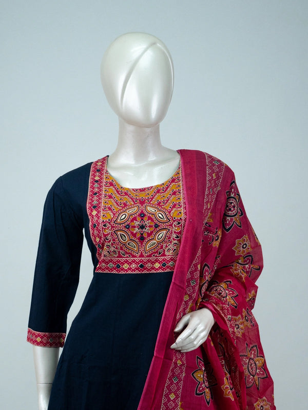 Navy Blue cotton Anarkali kurti set with mirror-work embroidered yoke and pink Ajrakh-print dupatta