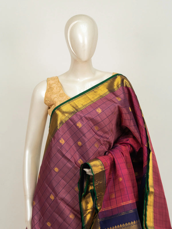 Onion pink and navy blue pure Kanchipuram silk saree with checked body, gold zari border and floral zari pallu