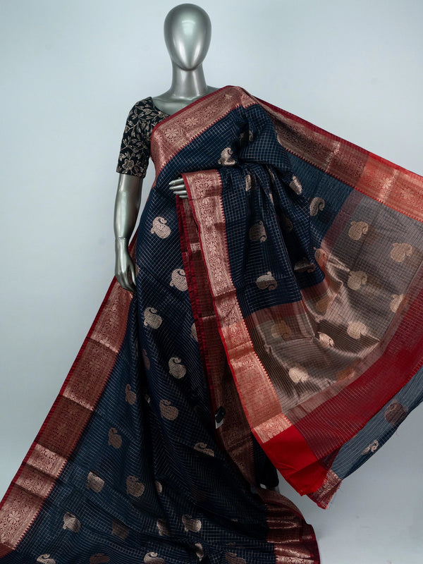 Navy blue semi raw silk saree with zari checks, gold paisley butta and contrast red zari border