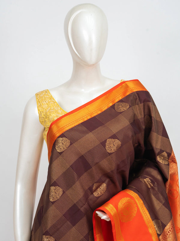 Brown and orange Kanchipuram Fancy Silk saree with gold zari checks and contrast border