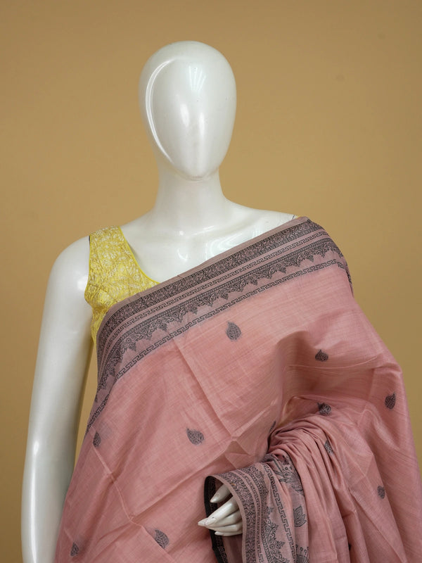 Dusty rose pink linen cotton saree with contrast printed border and floral pallu