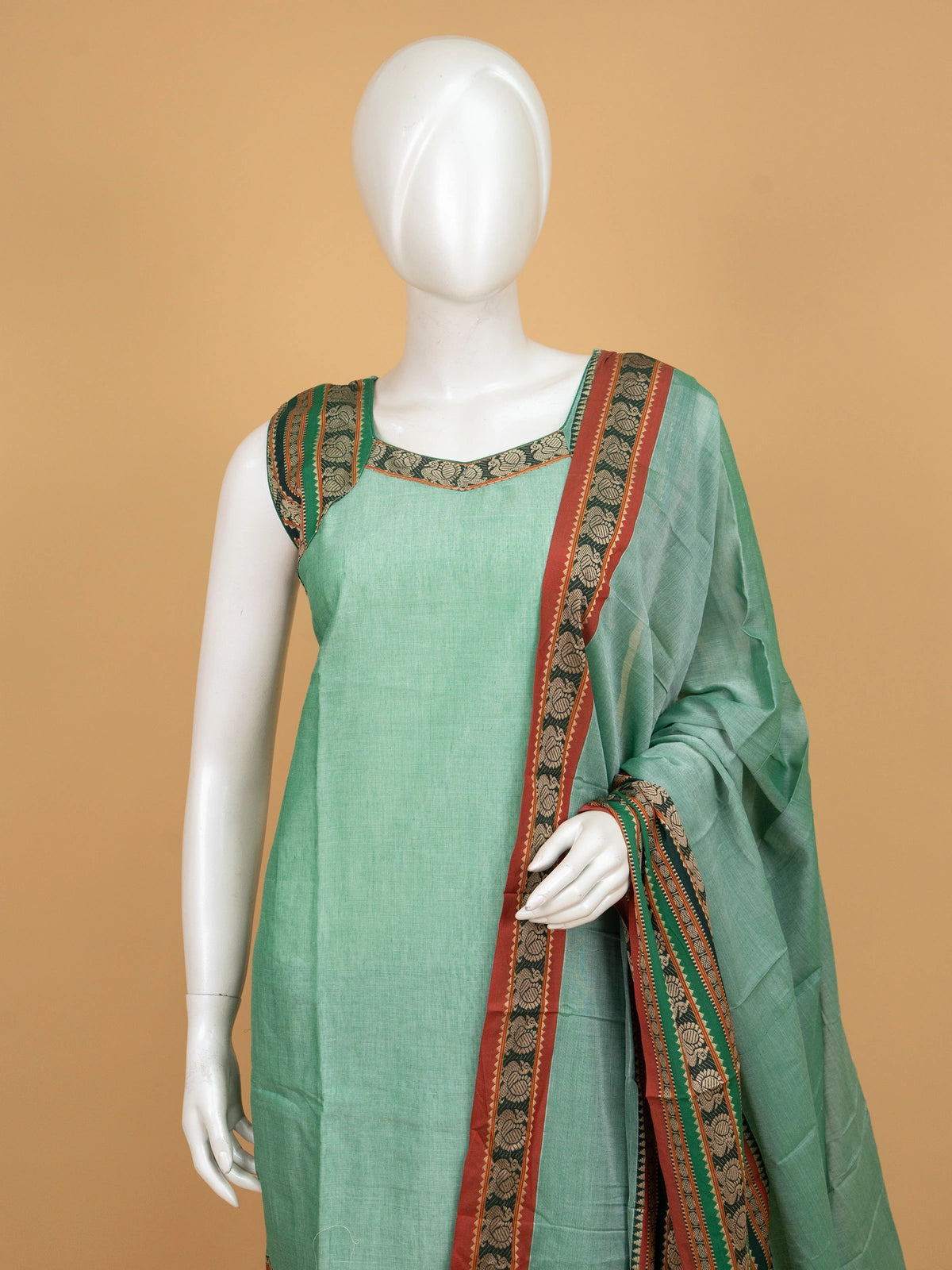 Sea Green handloom cotton straight cut kurti set with maroon peacock woven border and matching dupatta