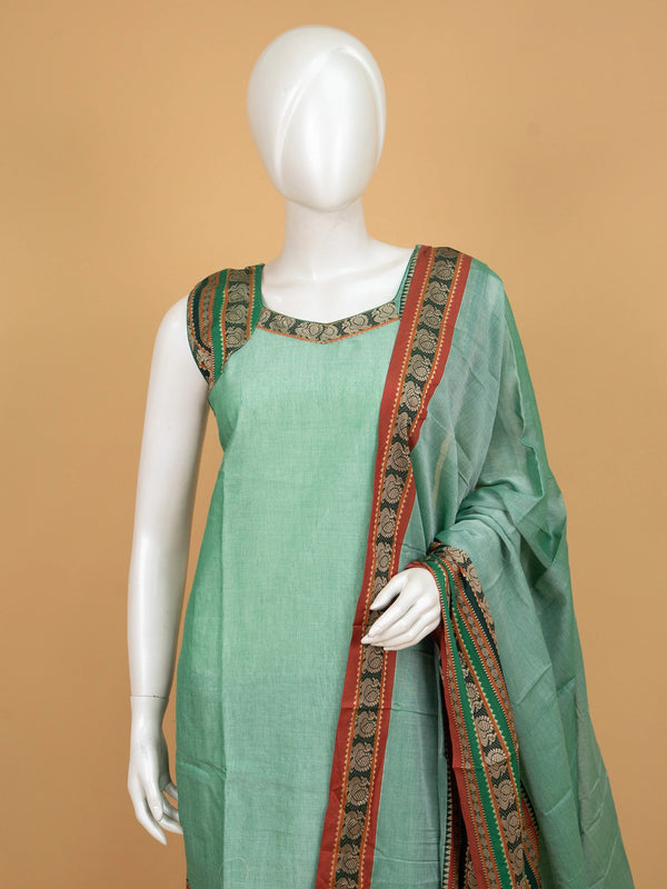 Sea Green handloom cotton straight cut kurti set with maroon peacock woven border and matching dupatta