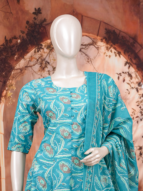 Teal floral printed cotton kurti set with straight pants and matching printed dupatta