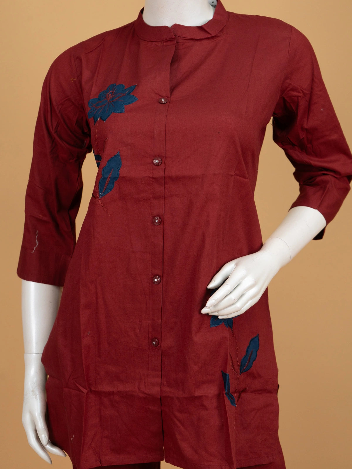 Maroon floral applique cotton co-ord kurti set with straight pants