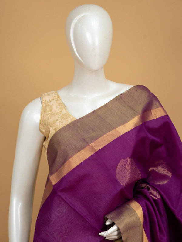 Magenta purple pure silk cotton saree with contrast green gold zari border and buttas
