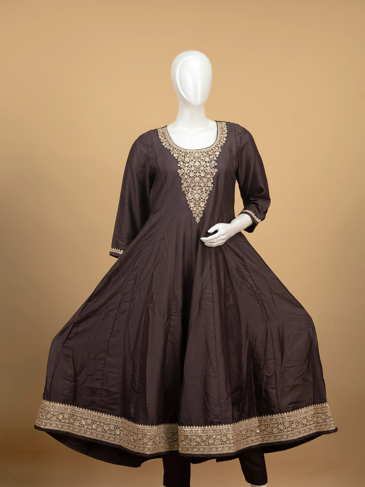 Dark Brown Zari Embroidered Anarkali Kurti Set with Maroon Bandhani Dupatta