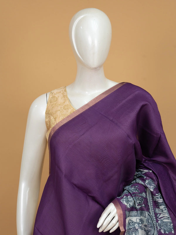 Purple linen cotton saree with white Kalamkari peacock pallu and copper zari border