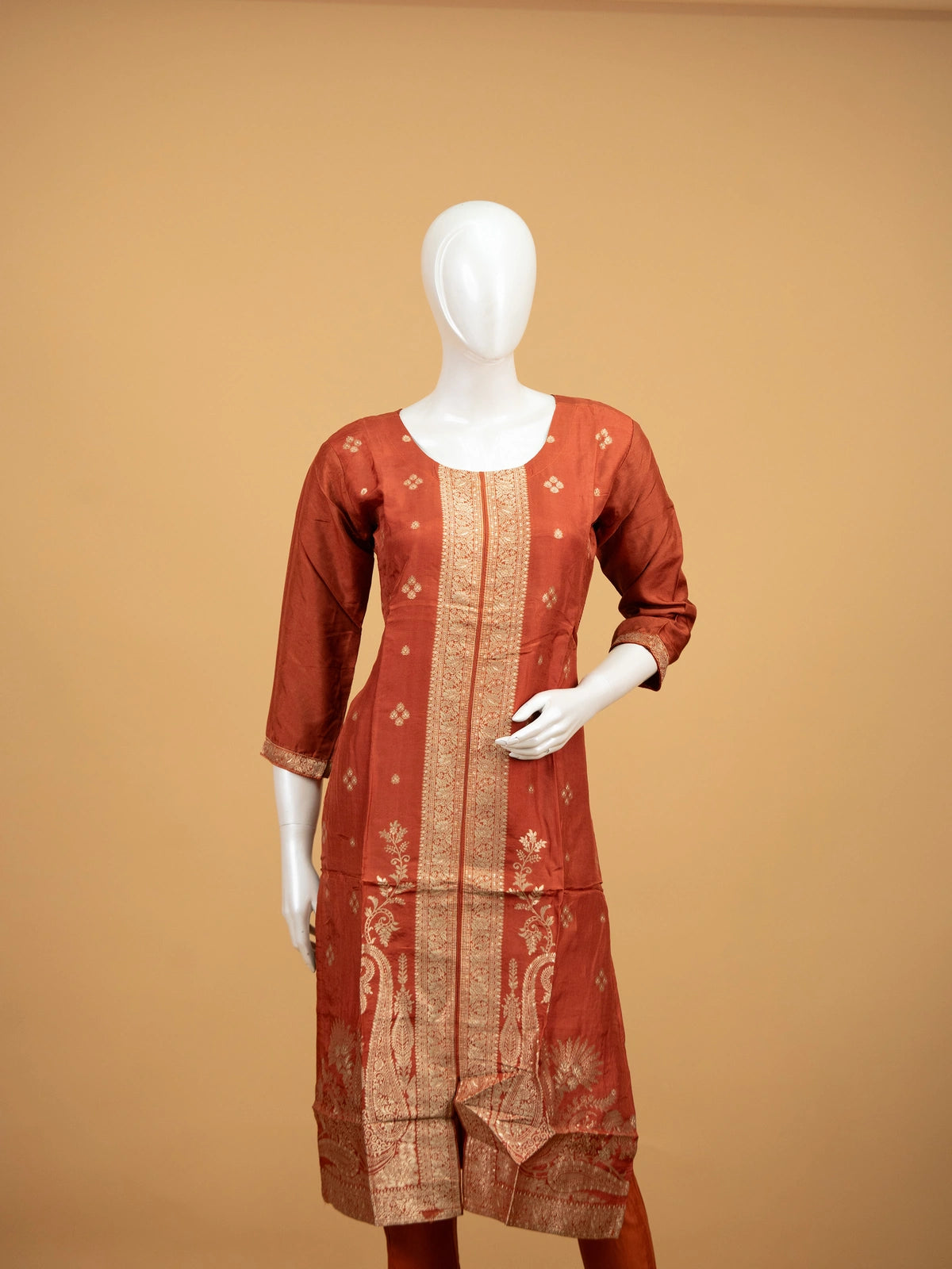 Rust Banarasi silk zari woven straight cut kurti set with matching pants and dupatta