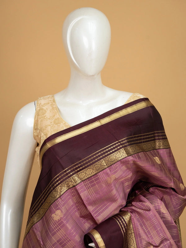 Dusty mauve pure Kanchipuram silk saree with wine contrast border and gold zari pallu
