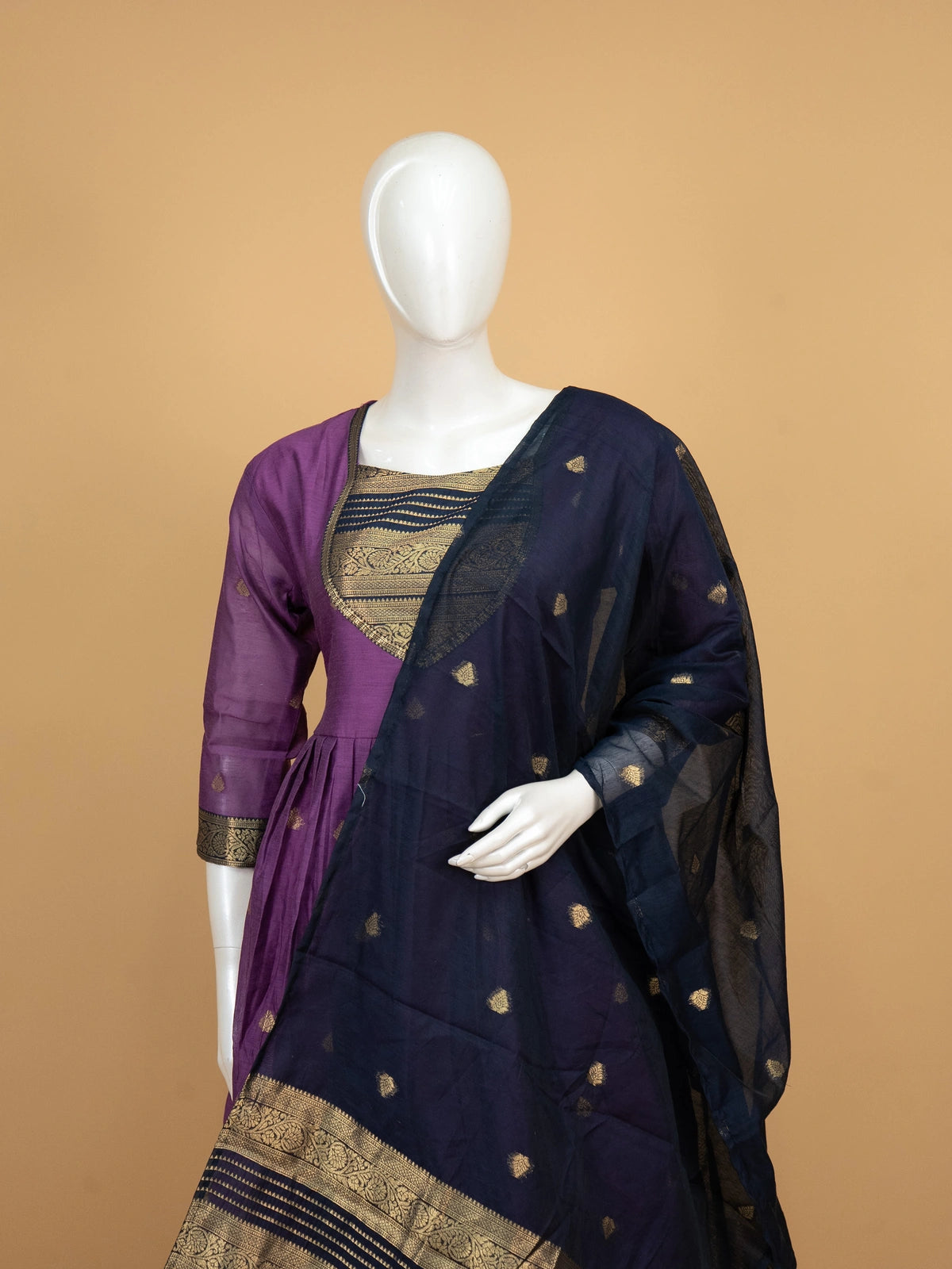 Purple Anarkali kurti set with navy blue zari woven yoke, dupatta and straight pants
