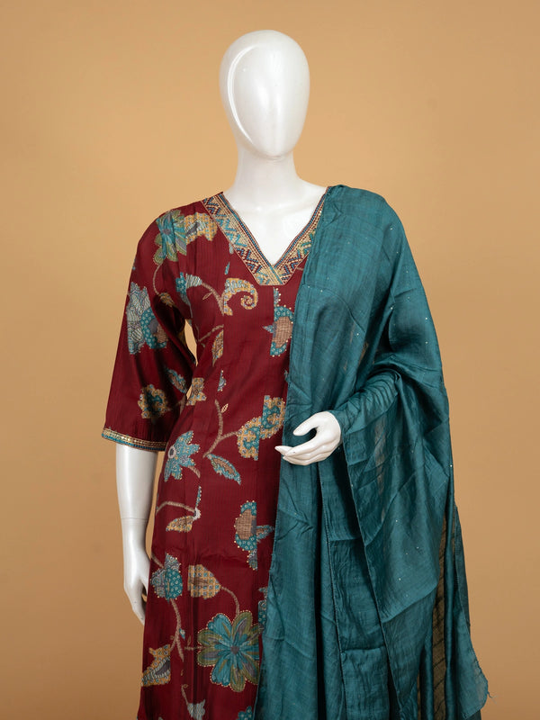 Maroon floral printed A-line kurti set with teal pants and dupatta