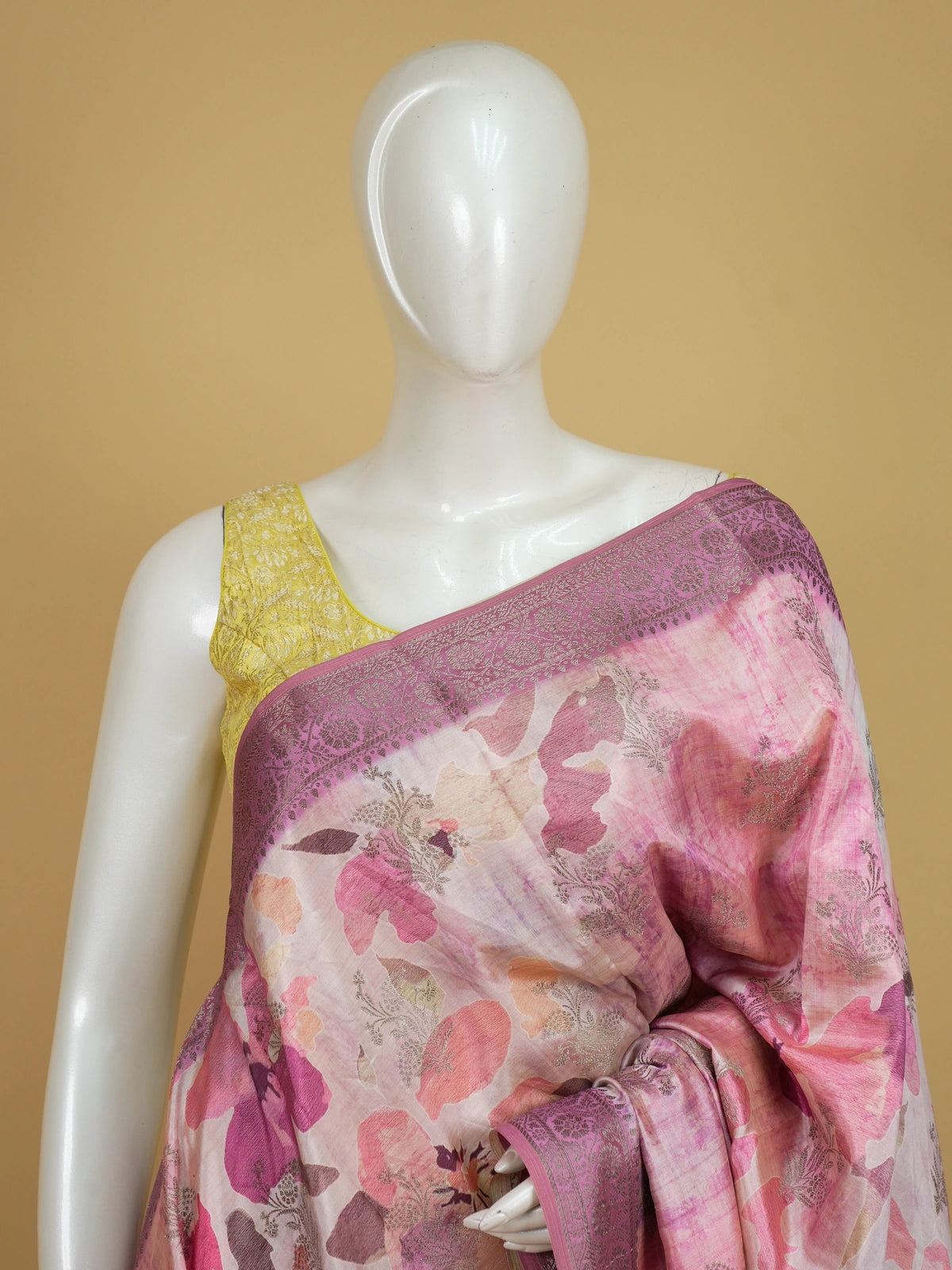 Pink and mauve floral semi tussar saree with contrast mauve zari border and woven pallu
