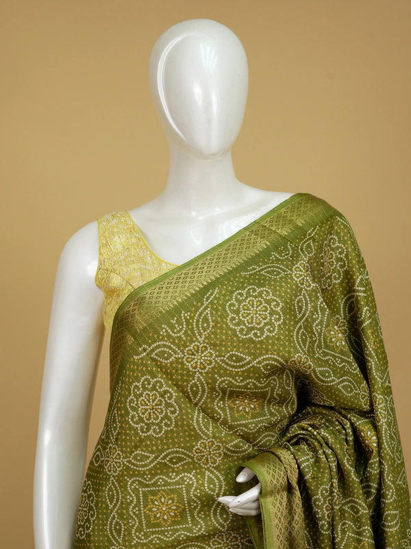 Mehndi green bandhani-print designer saree with gold zari border and matching green blouse