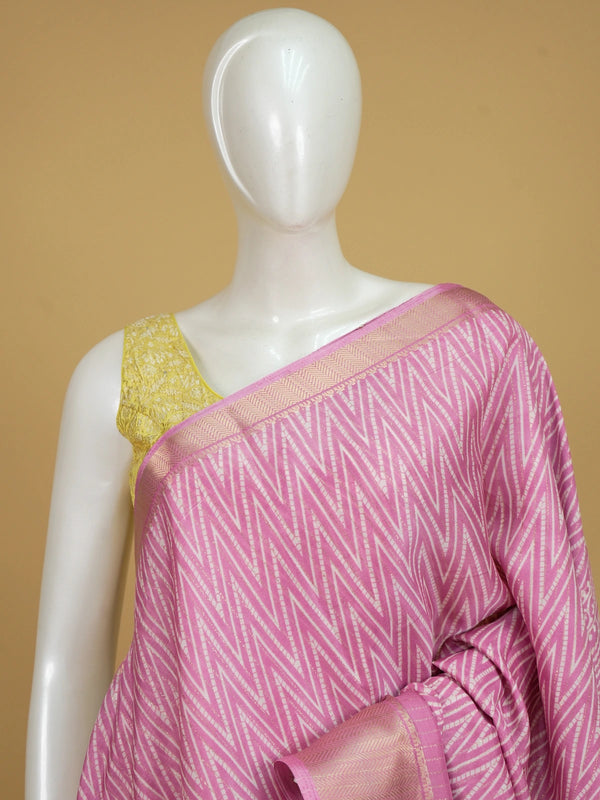 Pink and white chevron printed designer saree with gold zari border and tree-of-life pallu