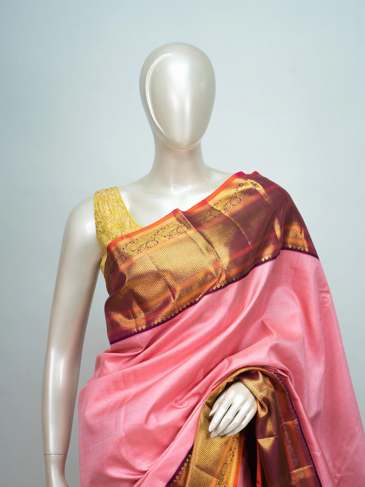 Pink and maroon pure Kanchipuram silk saree with gold zari contrast border and pallu