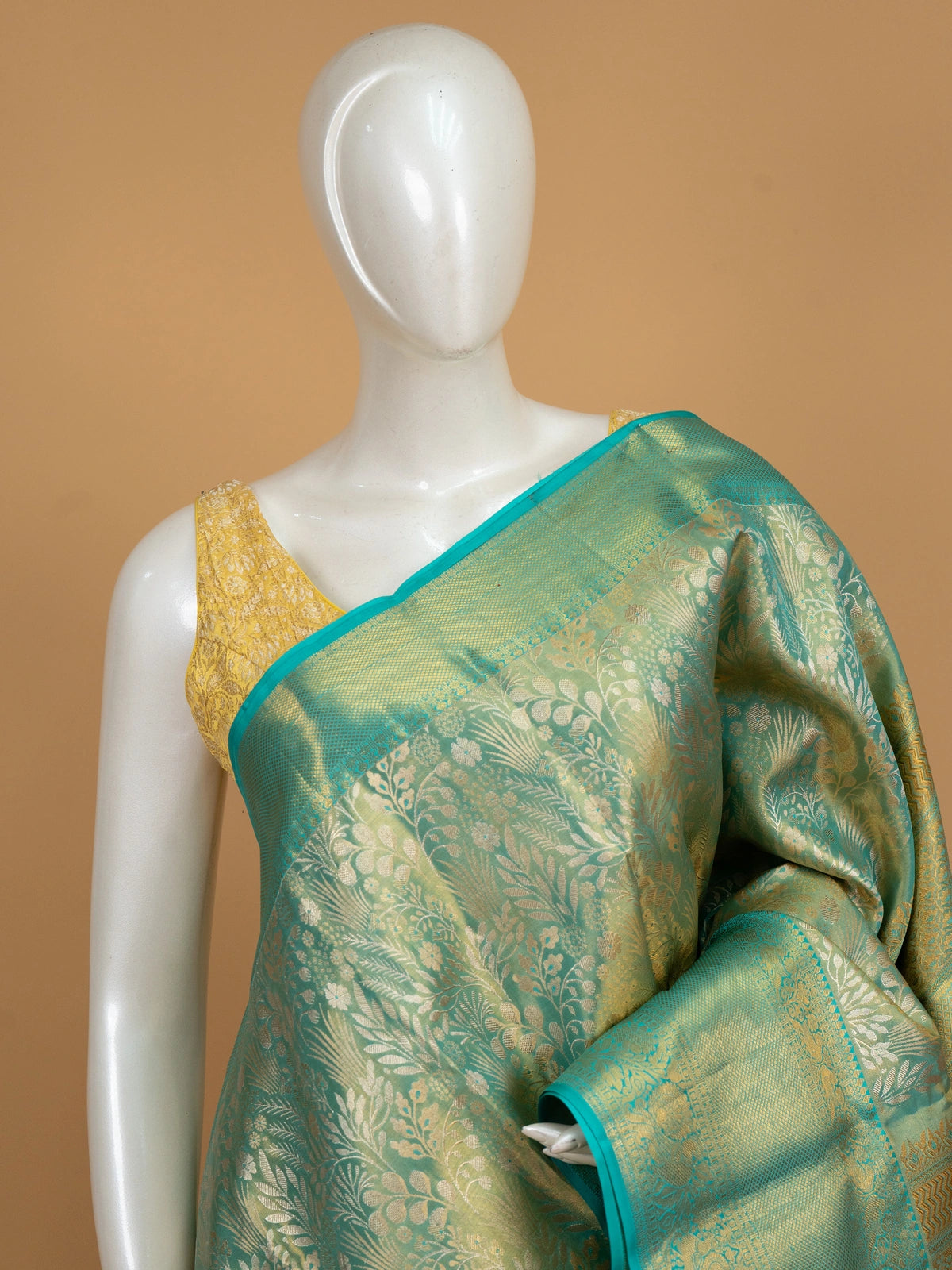 Teal green and gold pure Kanchipuram silk saree with zari floral weave and contrast border