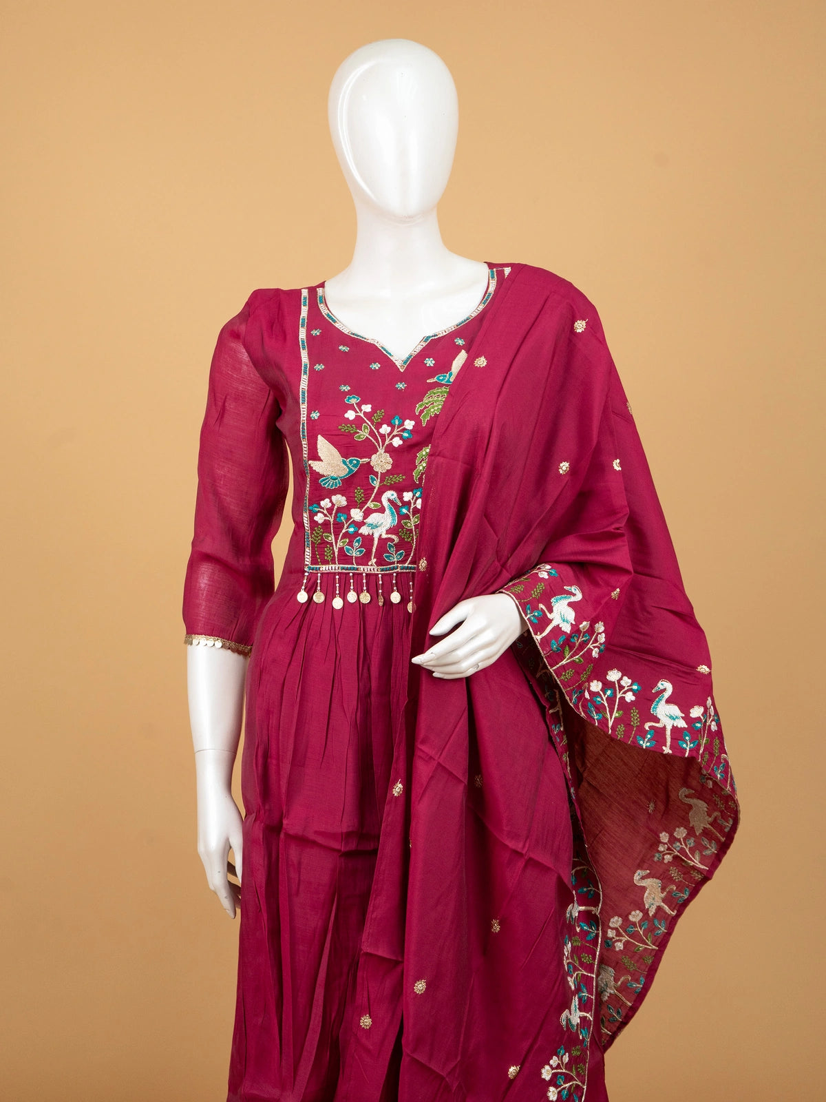 Rani Pink embroidered Anarkali kurti set with bird and palm motifs and matching dupatta