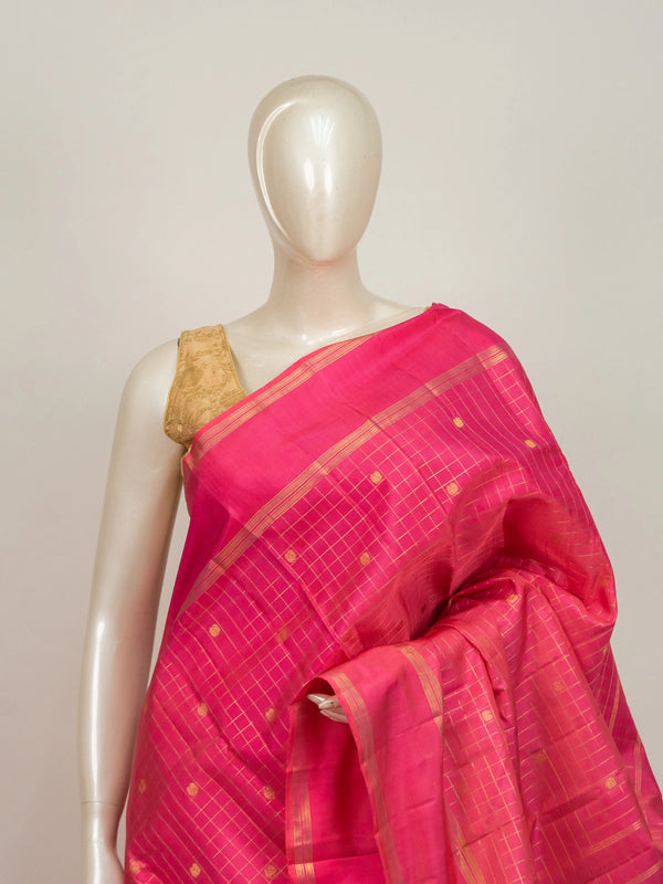 Rani pink pure Kanchipuram silk saree with gold zari checks, small butta motifs and gold zari border