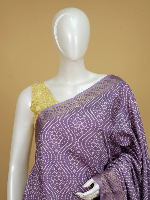 Lavender bandhani print designer saree with gold zari border and paisley pallu