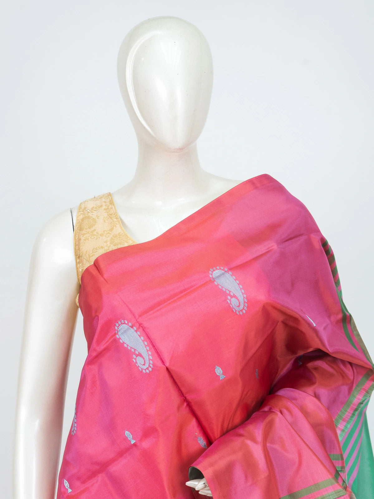 Pink Banana Silk saree with silver paisley buttas and contrast green pallu and blouse