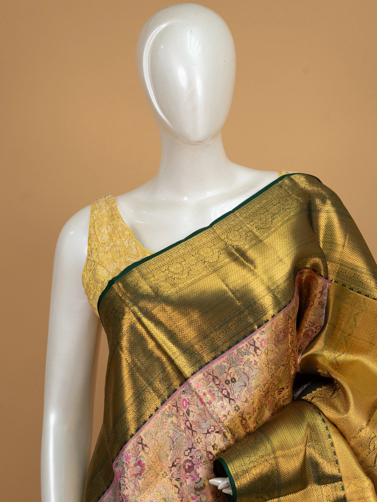 Pink and green Pure Kanchipuram silk saree with gold zari brocade motifs and contrast green border