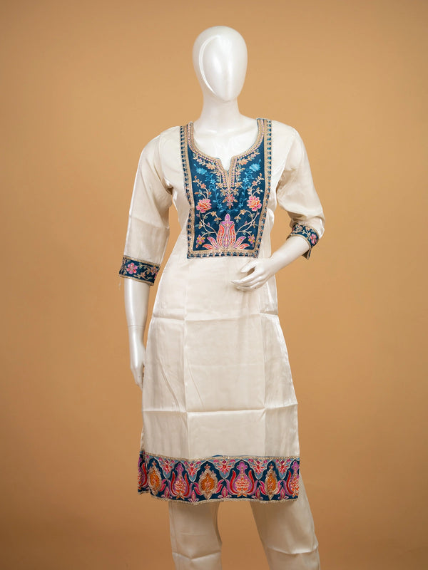 Cream art silk straight cut kurti set with teal floral embroidered yoke and printed dupatta