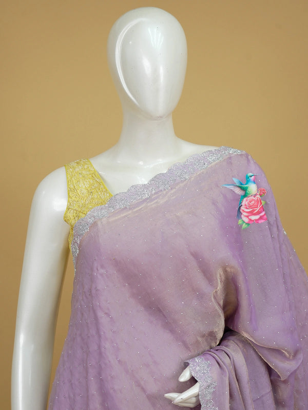 Lilac organza designer saree with hummingbird-and-rose print, silver stone scalloped border and contrast plum blouse