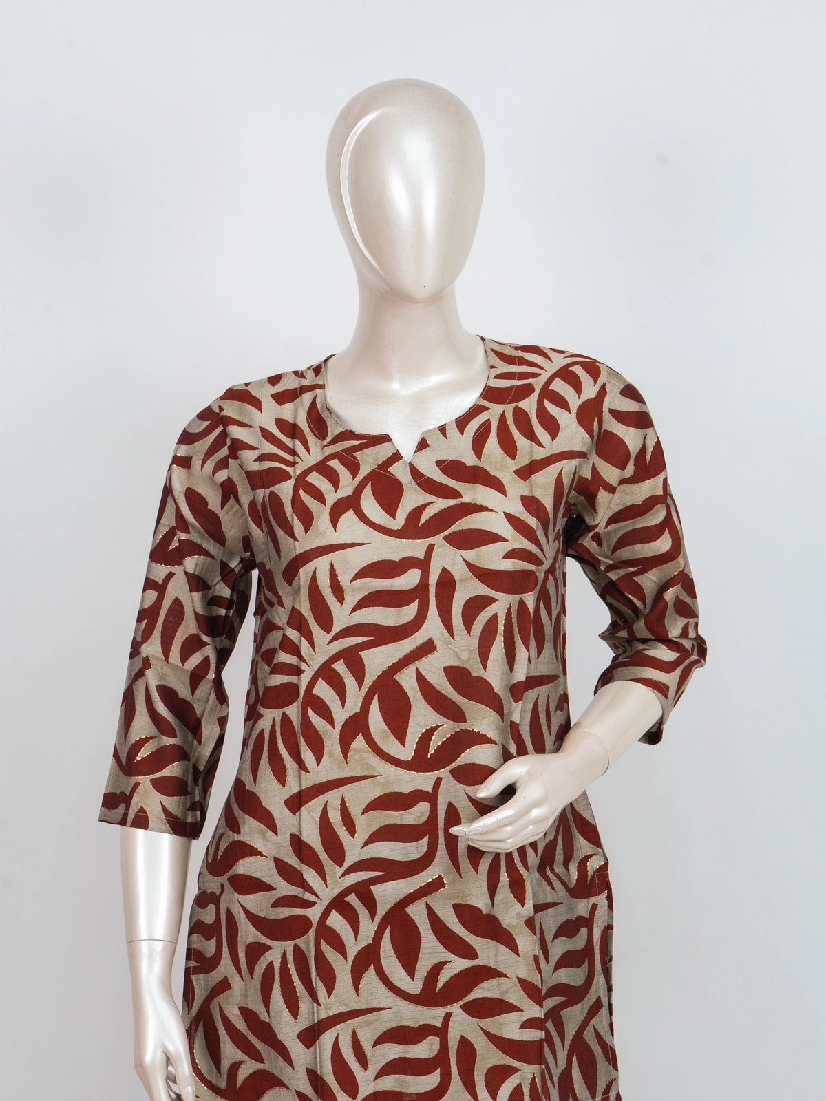 Rust and beige leaf print cotton co-ord set with short kurti and wide-leg pants