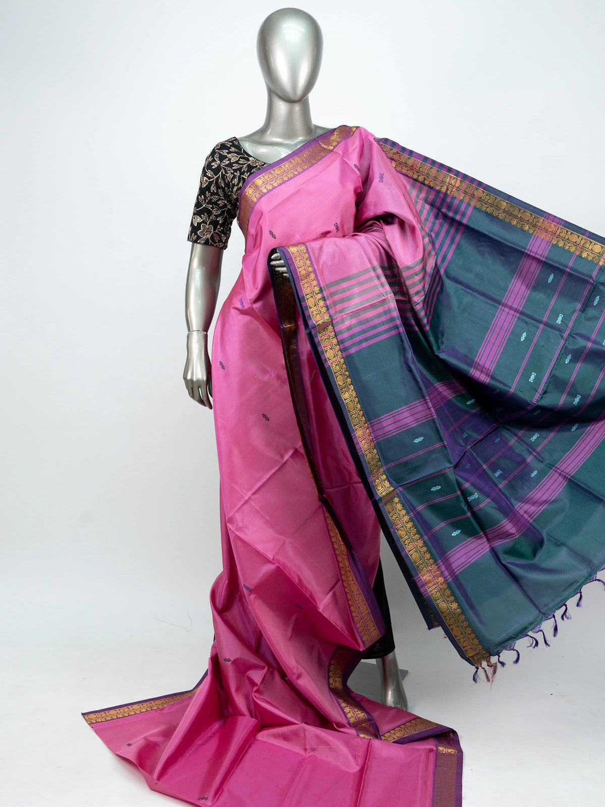 Pink and teal green Banana Silk saree with gold zari border and contrast striped pallu